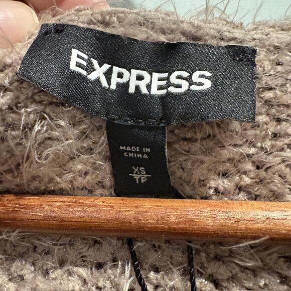 NWT Express Sweater Womens XS Tan Mocha Hooded Open Front Cardigan Cozy Fuzzy - Picture 2 of 13